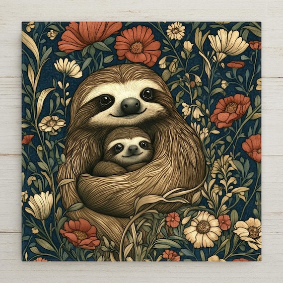 Sloth Art Nouveau Ceramic Tile: William Morris Nursery Decor