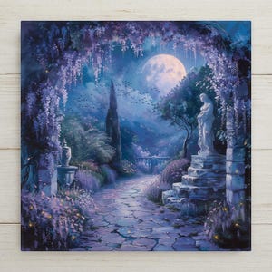Moonlit Wisteria Ceramic Tile Wall Art Dark Academia Garden Statue Night Scene Moody Celestial Decor