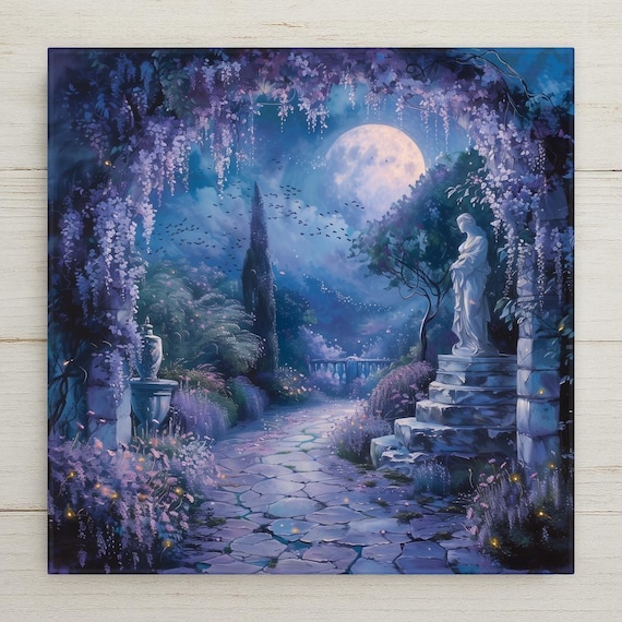 Moonlit Garden Wall Art Ceramic Tile – Wisteria Arch Wall Decor – Romantic Night Garden Decor – Cottagecore Home Decor Gift