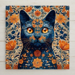 Floral Cat Ceramic Tile Wall Art Stained Glass Style Orange Blue Feline Boho Pet Lover Gift Talavera Whimsical Home Decor