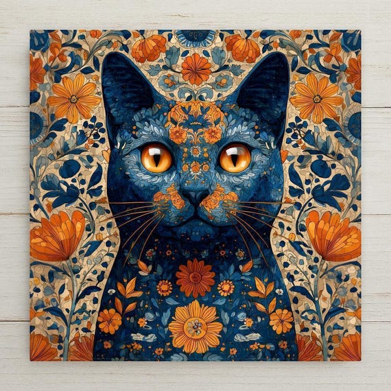 Floral Cat Wall Art Ceramic Tile Boho Home Decor Cat Lover Gift Mothers Day Cat Gift