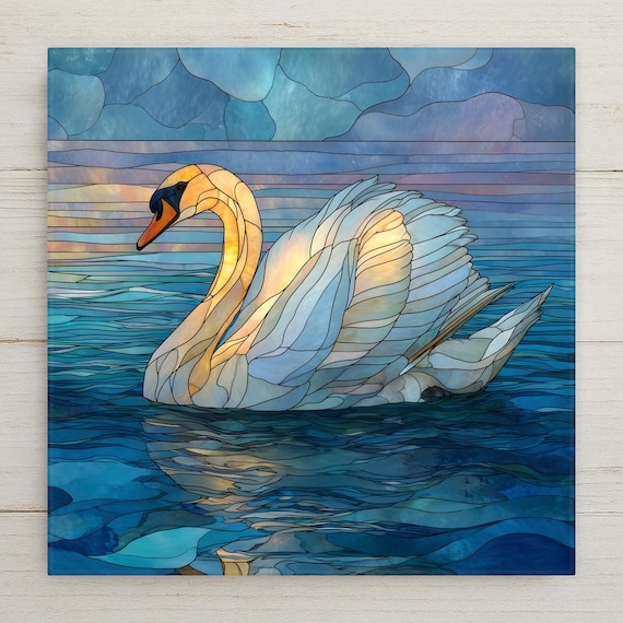 Swan Ceramic Tile Wall Art – Stained Glass Ocean Decor, Coastal Home Decor for Beach House Wall Decor & Serenity Gift Tile