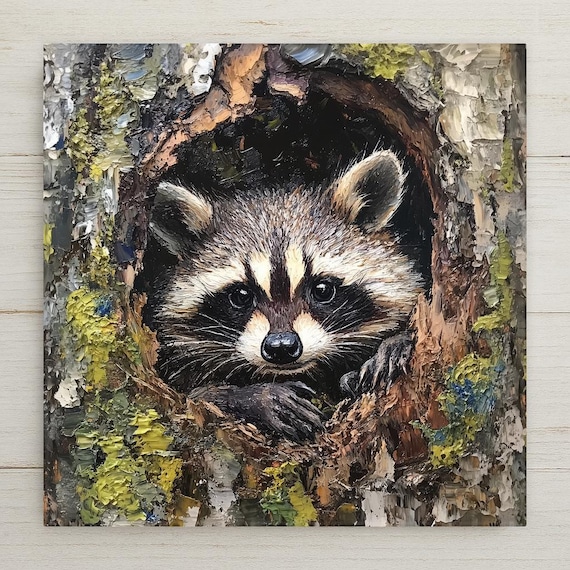 Rustic Raccoon Ceramic Tile Art: Woodland Animal Wall Decor