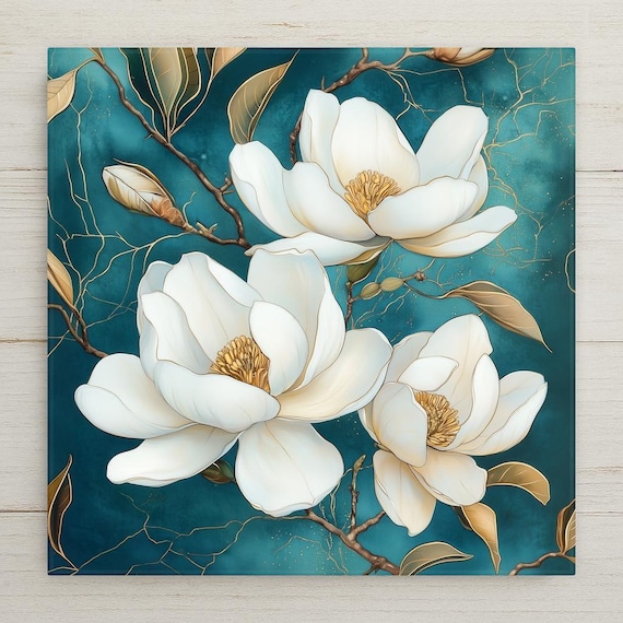 Elegant Magnolia Blossom Ceramic Tile Art: Handmade Floral Wall Decor for Nature-Inspired Home