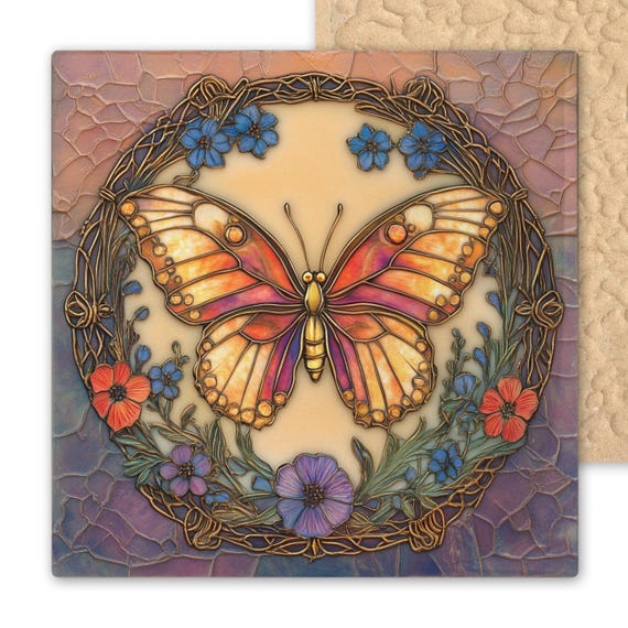 Art Nouveau Butterfly Ceramic Tile: Stained Glass Floral Wall Decor, Garden Insect Nature Home Accent