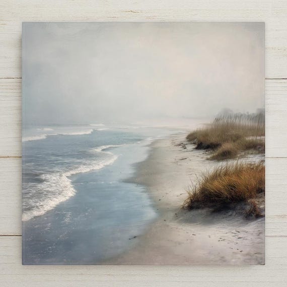 Foggy Coastal Beach Calm Wall Art Ceramic Tile – Serene Ocean Shore, Coastal Home Decor