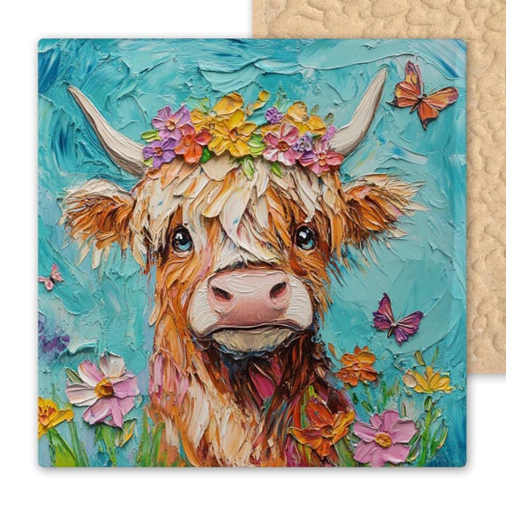 Highland Cow Ceramic Tile with Flower Crown - Rustic Farmhouse Wall Art, Colorful Country Animal Kitchen Decor