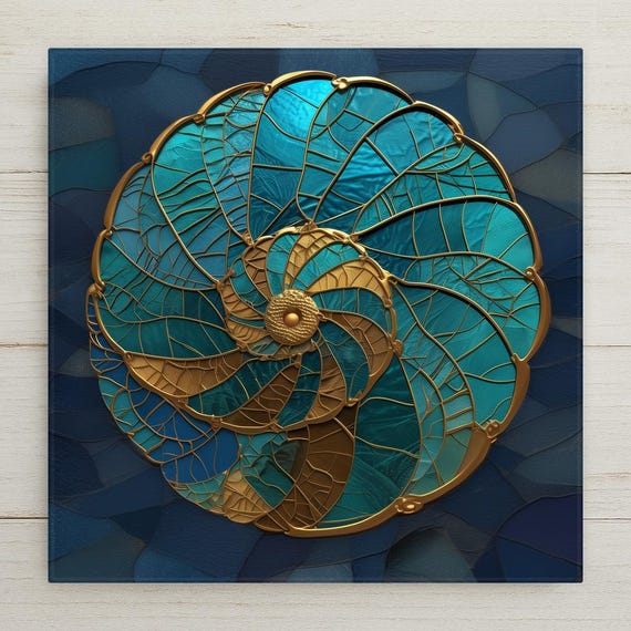 Nautilus Shell Wall Art Ceramic Tile Sacred Geometry Gift Teal Gold Ocean Decor Coastal Art Nature Lover Tile