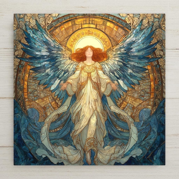 Angel Ceramic Tile Wall Art – Stained Glass Style Archangel Design, Spiritual Home Decor, Heavenly Wall Decor Gift for Faith Lovers
