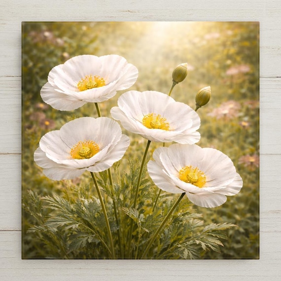 Sissinghurst White Poppy Wall Art Ceramic Tile – Botanical Cottagecore Floral Home Decor Gift