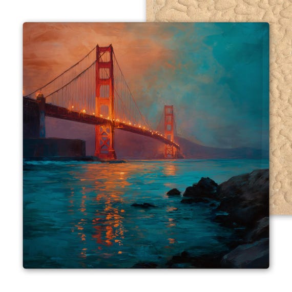 Golden Gate Bridge Wall Art – Ceramic Tile San Francisco Cityscape, Stained Glass Style Bay Sunset Home Décor, California Gift