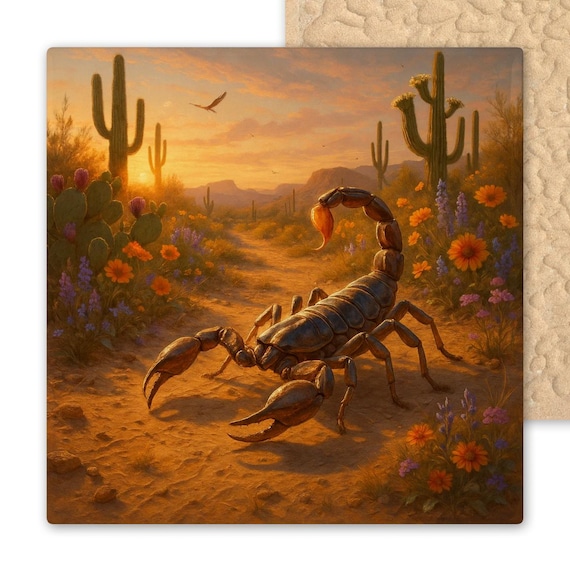 Southwestern Scorpion Ceramic Tile: Desert Wildlife Wall Art, Cactus Sunset Decor, Nature Lover Gift