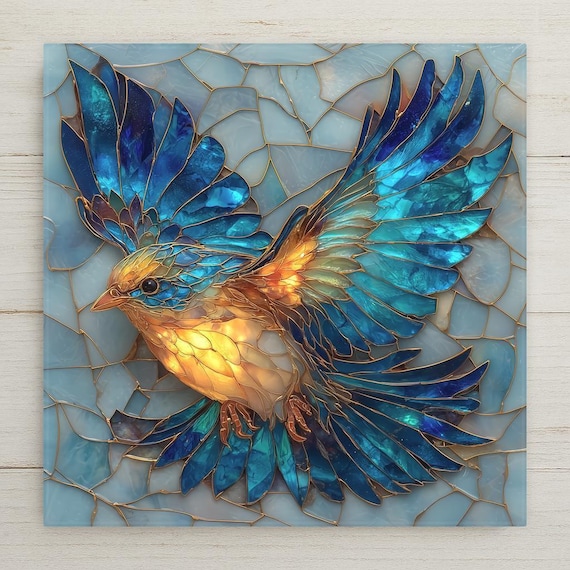 Bluebird Ceramic Tile Wall Art – Stained Glass Style Bird Decor, Nature Wall Decor Home Decor Gift with Flying Blue Bird Design