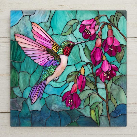 Stained Glass-Inspired Hummingbird Ceramic Tile - Handmade Pink Teal Floral Wall Art for Spring Decor