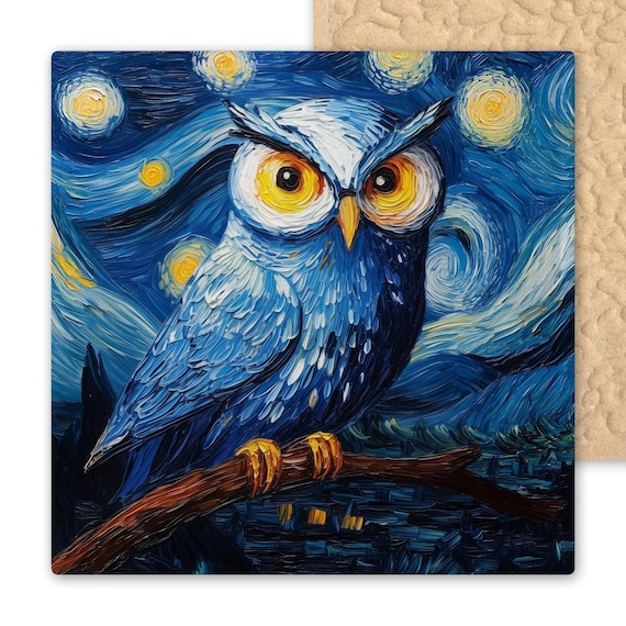 Whimsical Van Gogh Inspired Starry Night Owl Ceramic Tile - Blue Fantasy Bird Wall Art Decor