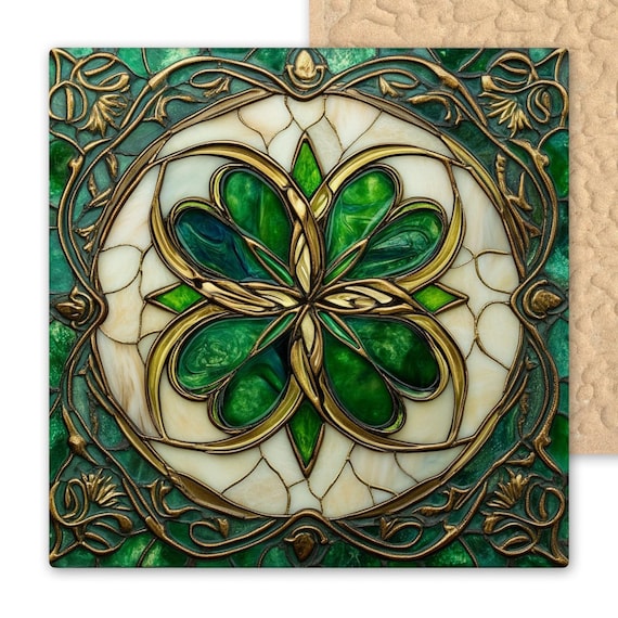 Celtic Shamrock Ceramic Tile Art, Irish Knot Wall Decor, Stained Glass Style Tile, St Patrick’s Day Gift, Green Celtic Symbol Home Accent