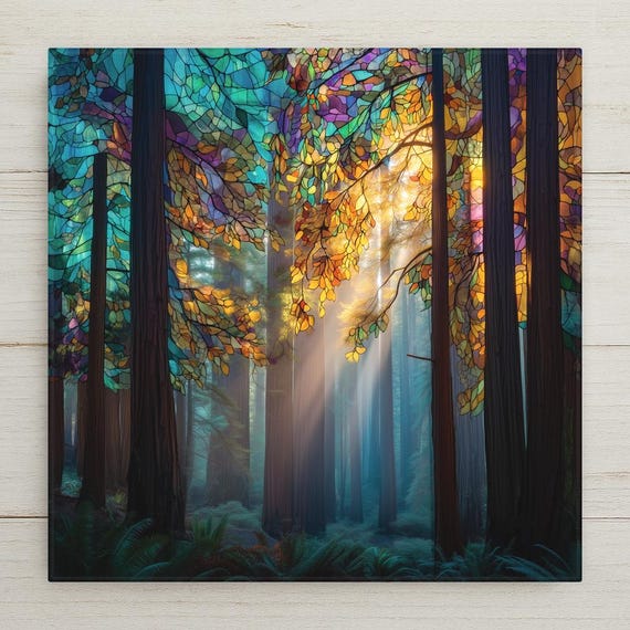 Redwoods Ceramic Tile Art: Forest-Inspired Stained Glass Wall Decor, California Landscape Nature Gift