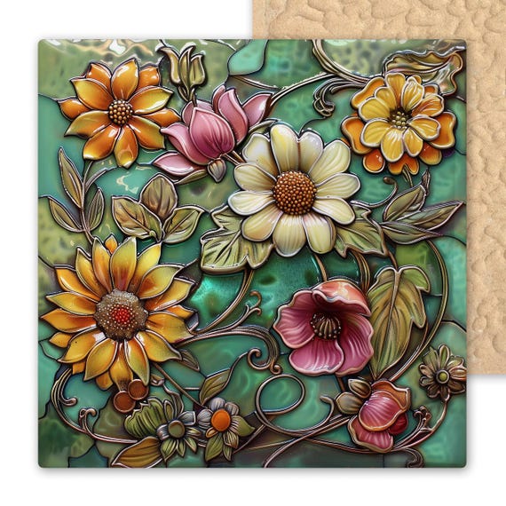 Floral Stained Glass Ceramic Tile: Summer Botanical Wall Art for Garden, Porch, Rustic Farmhouse Decor
