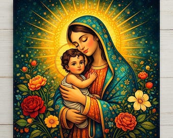 Virgin Mary and Baby Jesus Wall Art Ceramic Tile – Mexican Folk Catholic Decor Christian Home Religious Gift