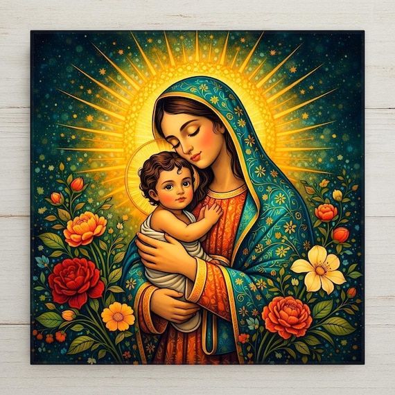 Virgin Mary and Baby Jesus Wall Art Ceramic Tile – Mexican Folk Catholic Decor Christian Home Religious Gift