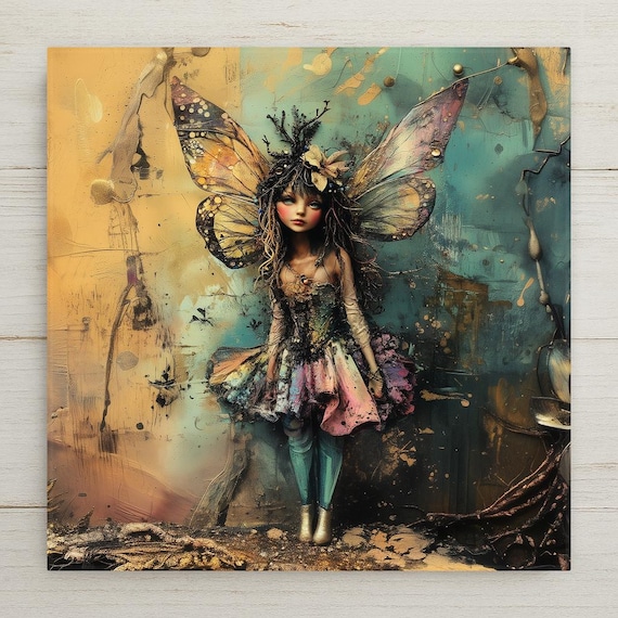 Enchanting Coquette Fairy Ceramic Tile Art - Whimsical Fantasy Wall Decor with Butterfly Wings