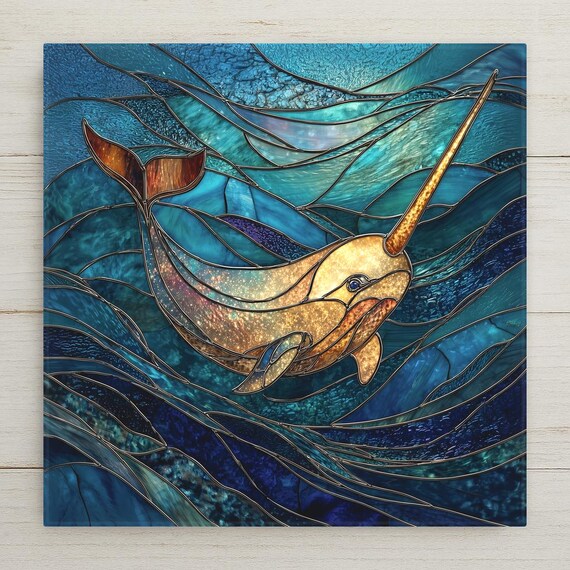 Narwhal Wall Art Ceramic Tile – Stained Glass Ocean Decor, Coastal Marine Life Home Decor, Beach House Wall Art
