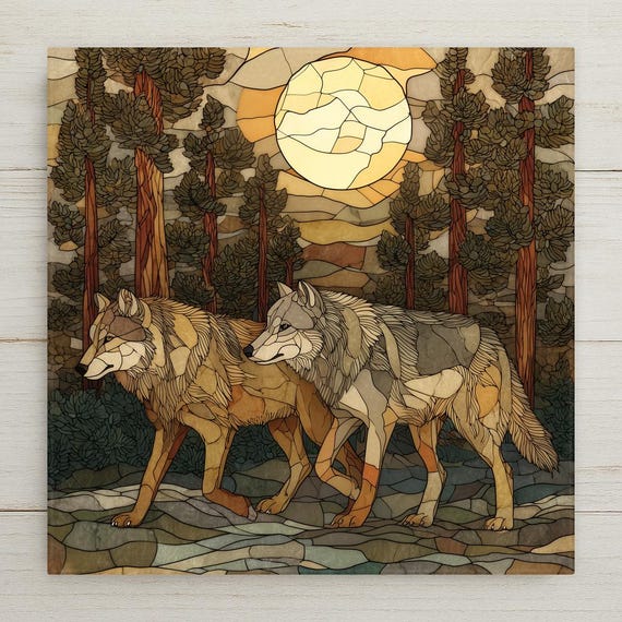 Wolf Pair Ceramic Tile Wall Art – Stained Glass Style Woodland Home Decor, Symbolic Couple Artwork, Meaningful Nature Gift