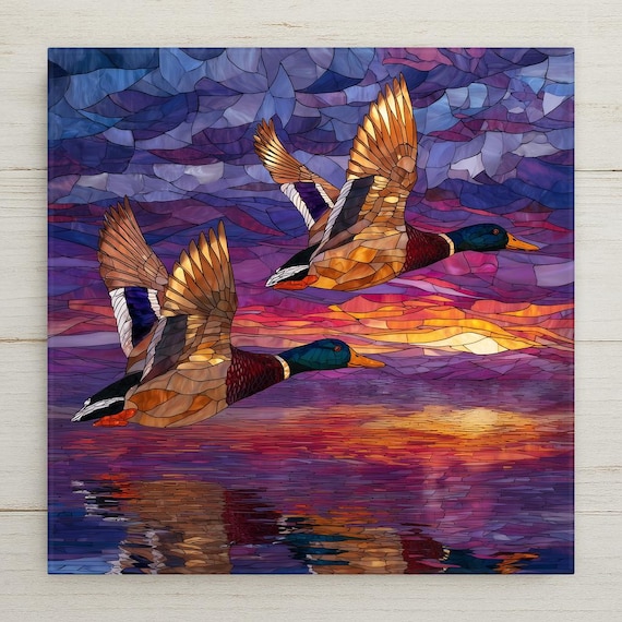 Flying Ducks Ceramic Tile Wall Art – Stained Glass Style Mallards at Sunset, Wildlife Nature Home Decor Gift
