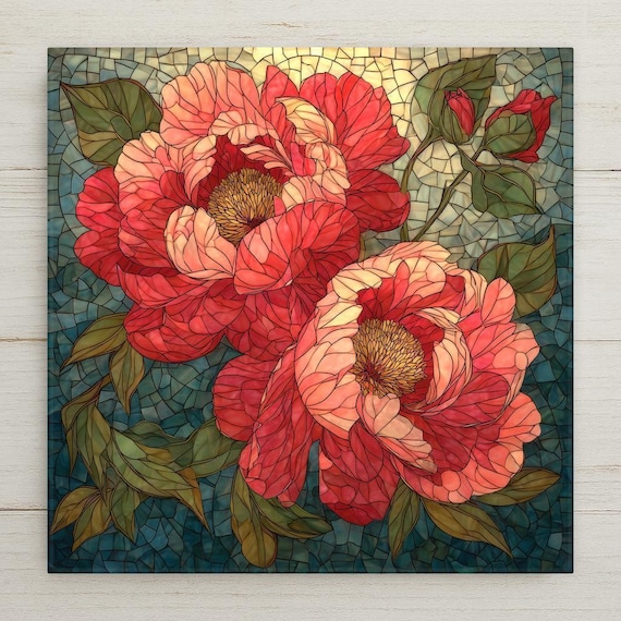 Peony Ceramic Tile Wall Art – Stained Glass Style Floral Home Decor, Botanical Gift, Vibrant Garden Flowers Art Tile for Wall Decor
