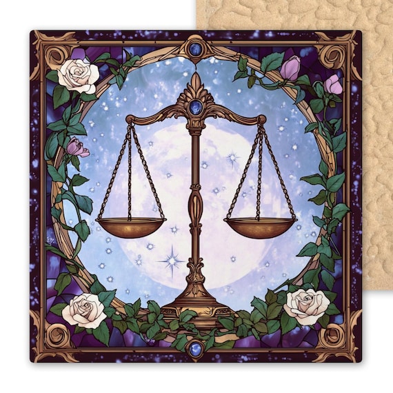 Libra Zodiac Ceramic Tile Art – Art Nouveau Libra Gift – Stained Glass Style Wall Art for Astrology Lovers – Celestial Balance Décor