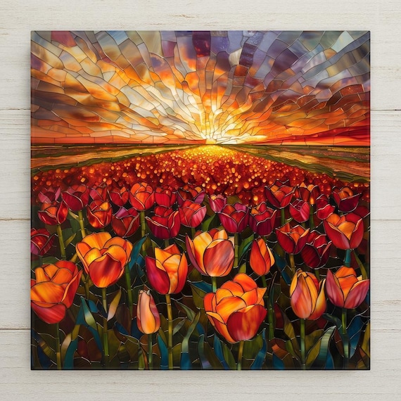Tulip Field Sunset Wall Art Ceramic Tile – Stained Glass Landscape Decor, Red and Orange Floral Home Decor, Vibrant Spring Wall Decor