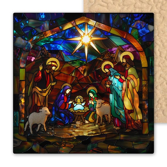 Stained Glass Style Nativity Scene Tile Art: Holy Family Christmas Decor