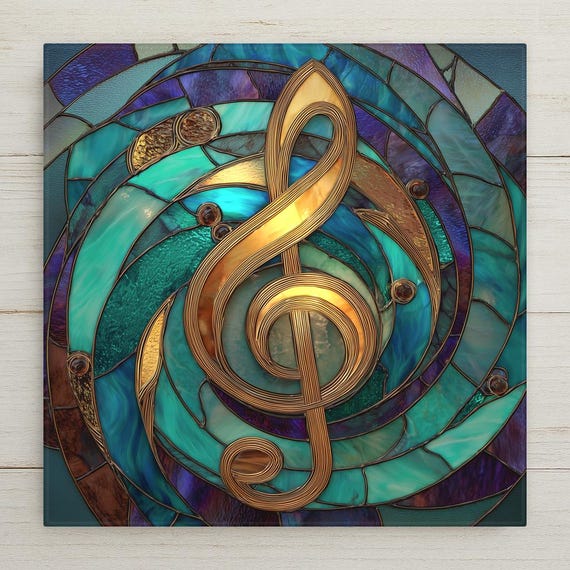 Treble Clef Ceramic Tile Wall Art – Art Nouveau Stained Glass Style Music Wall Decor, Teal Blue Home Decor, Gift for Musicians and Artists