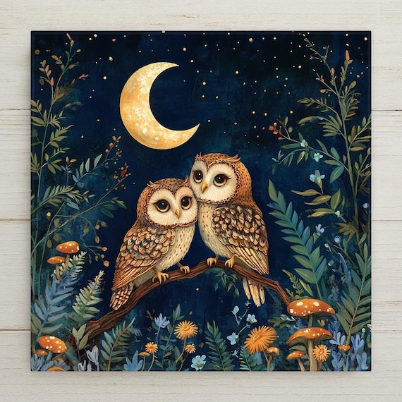 Crescent Moon Owls Ceramic Tile Art: Rustic Woodland Decor