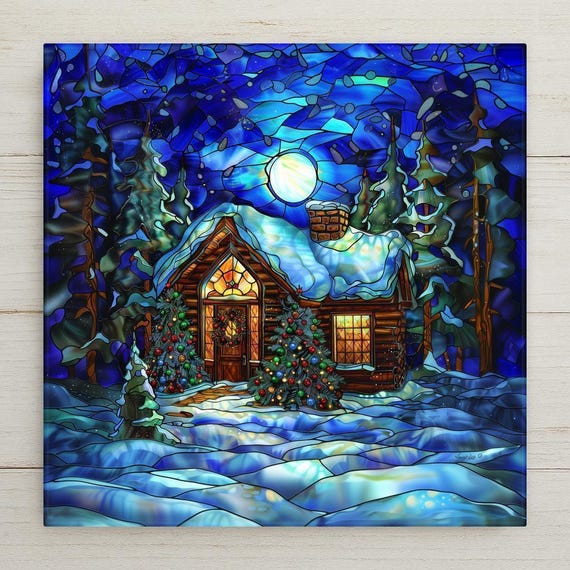 Stained Glass Winter Cabin Tile: Festive Holiday Decor, Snowy Scene Wall Art, Rustic Christmas Gift Home Decor