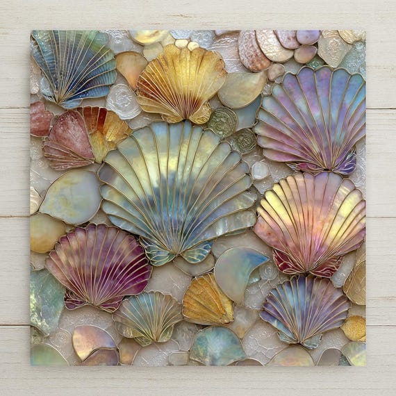 Seashell Ceramic Tile Art: Coastal Ocean Decor, Stained Glass Style