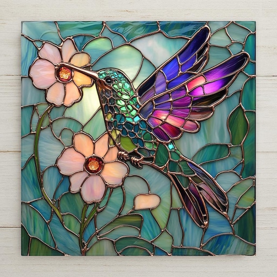 Hummingbird Ceramic Tile Art: Stained Glass Style Floral Decor