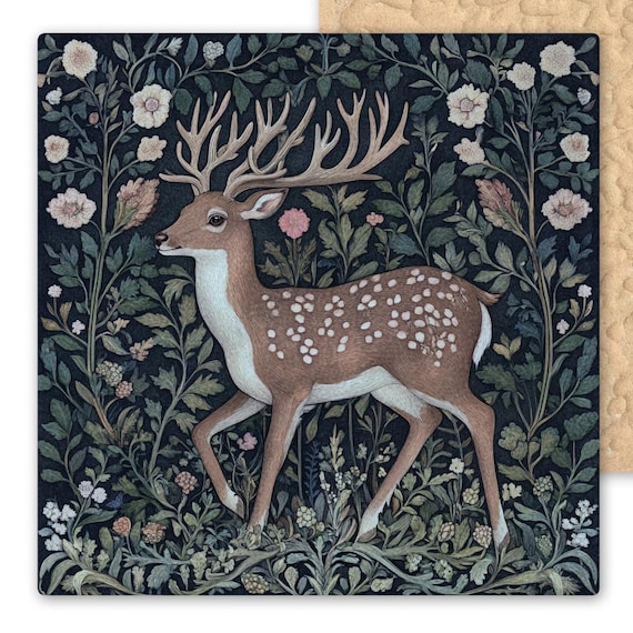 Woodland Buck Ceramic Tile Art: William Morris Inspired Deer Wall Decor for Nature Lovers & Cottagecore Aesthetic