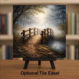 Foggy Woodland Bridge Peaceful Wall Art Ceramic Tile – Stained Glass Style, Nature Inspired Home Decor image 3