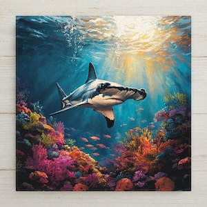 May include: A hammerhead shark swims through deep blue ocean water above a vibrant coral reef. The scene features bright sunlight filtering from the surface, illuminating the shark and the colorful pink, orange, and yellow coral formations.