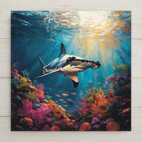 Hammerhead Shark Ceramic Tile Art: Ocean Coral Reef Decor
