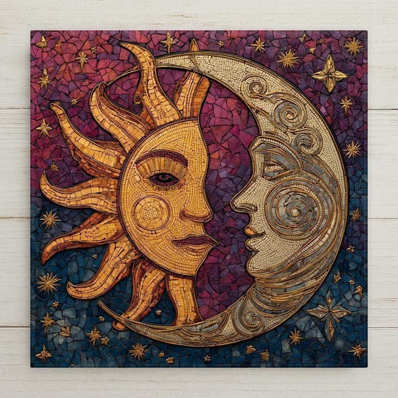 Sun and Moon Ceramic Tile Wall Art – Celestial Stained Glass Style, Symbolic Home Decor, Cosmic Balance, Meaningful Wall Art