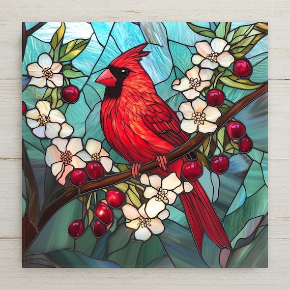 Cardinal Ceramic Tile: Stained Glass Style Memorial Bird Lover Gift
