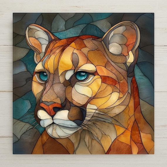 Cougar Ceramic Tile Wall Art – Stained Glass Style Mountain Lion Decor, Wildlife Wall Decor, Nature Home Decor Gift
