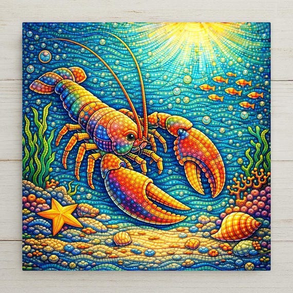 Whimsical Lobster Ceramic Tile Wall Art – Coastal Nursery Decor, Stained Glass Style Beach House Wall Decor, Playful Ocean Home Decor