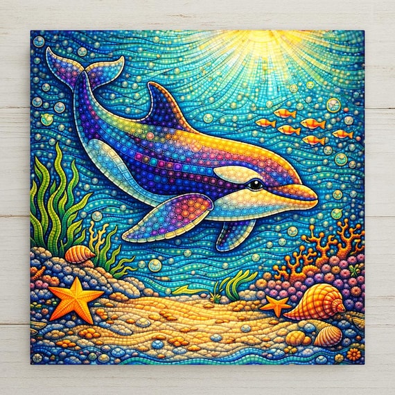 Whimsical Dolphin Ceramic Tile Wall Art – Coastal Beach House Home Decor, Nursery Ocean Animal Tile, Stained Glass Style Art