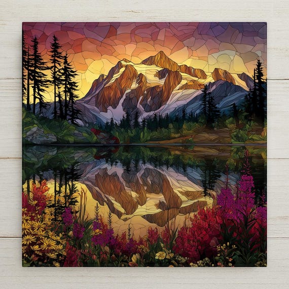 Mt Shuksan Picture Lake Stained Glass Style Ceramic Tile Art – Mountain Sunrise Wall Art with Wildflowers Reflection