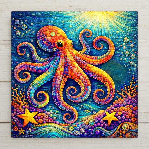 Whimsical Octopus Ceramic Tile Wall Art – Stained Glass Style Coastal Ocean Decor, Beach House Wall Decor, Nursery Sea Life Art