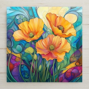 May include: A square wall art print featuring three vibrant orange poppy flowers with green centers. The background consists of swirling, abstract lines and shapes in shades of blue, purple, yellow, and teal, creating a stained glass effect.