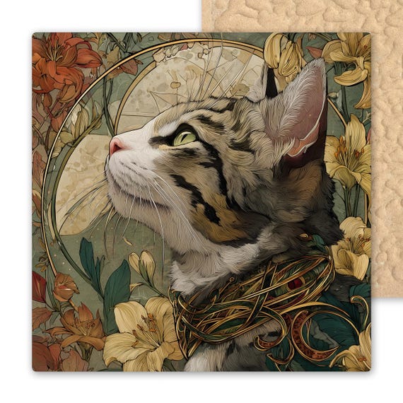 Art Nouveau Cat Wall Art Ceramic Tile Stained Glass Style Feline with Lilies Golden Floral Vintage Decor Whimsical Pet Lover Gift Accent